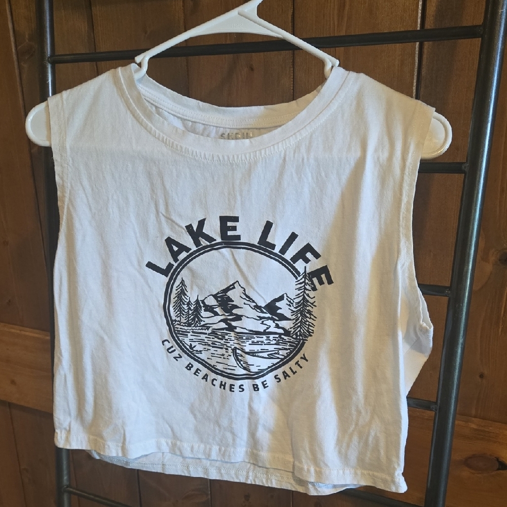 White 'Lake Life' Graphic Crop Tank Top